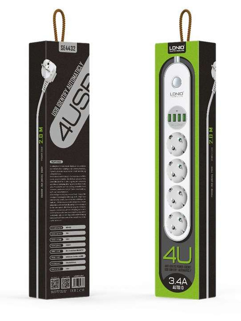 Przedłużacz, listwa zasilająca na 4 gniazda i 4x USB