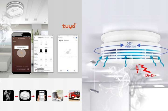 Czujnik dymu WiFi bezprzewodowy detektor dymu kompatybilny z aplikacją TUYA SMART HUXGO