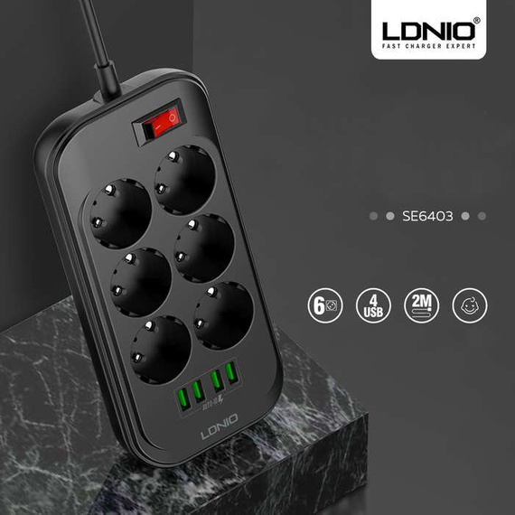 Przedłużacz, listwa zasilająca na 6 gniazd, 4x USB