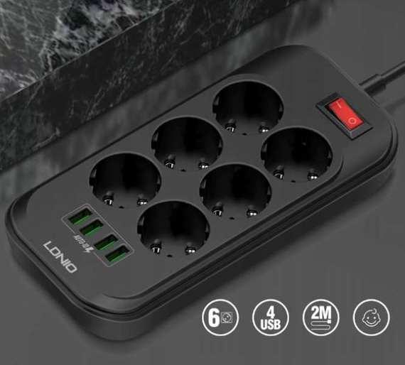 Przedłużacz, listwa zasilająca na 6 gniazd, 4x USB