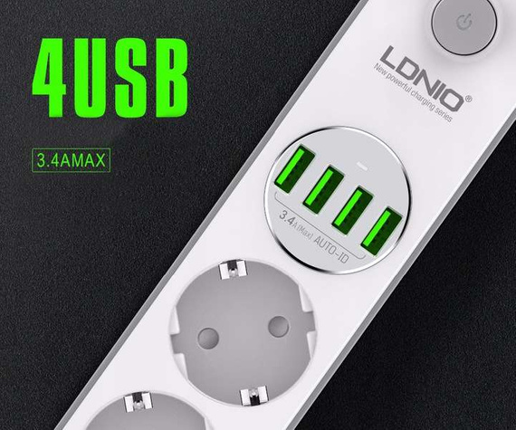 Przedłużacz, listwa zasilająca na 4 gniazda i 4x USB