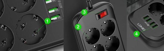 Przedłużacz, listwa zasilająca na 6 gniazd, 4x USB