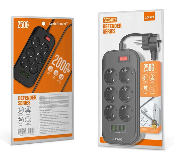 Przedłużacz, listwa zasilająca na 6 gniazd, 4x USB