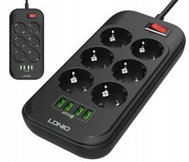 Przedłużacz, listwa zasilająca na 6 gniazd, 4x USB