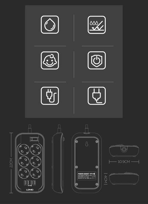 Przedłużacz, listwa zasilająca na 6 gniazd, 4x USB